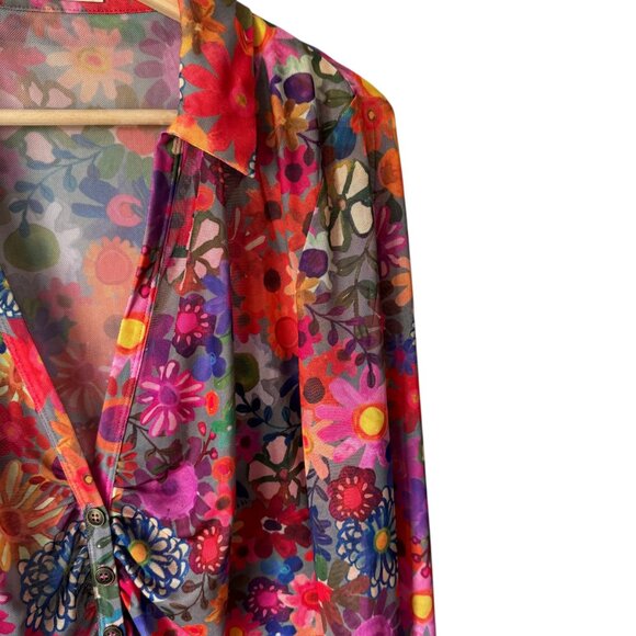 Natural Life Sz XL Carina Mesh Top Vivid Floral Flower Power Fitted Low V Sheer - Picture 15 of 16